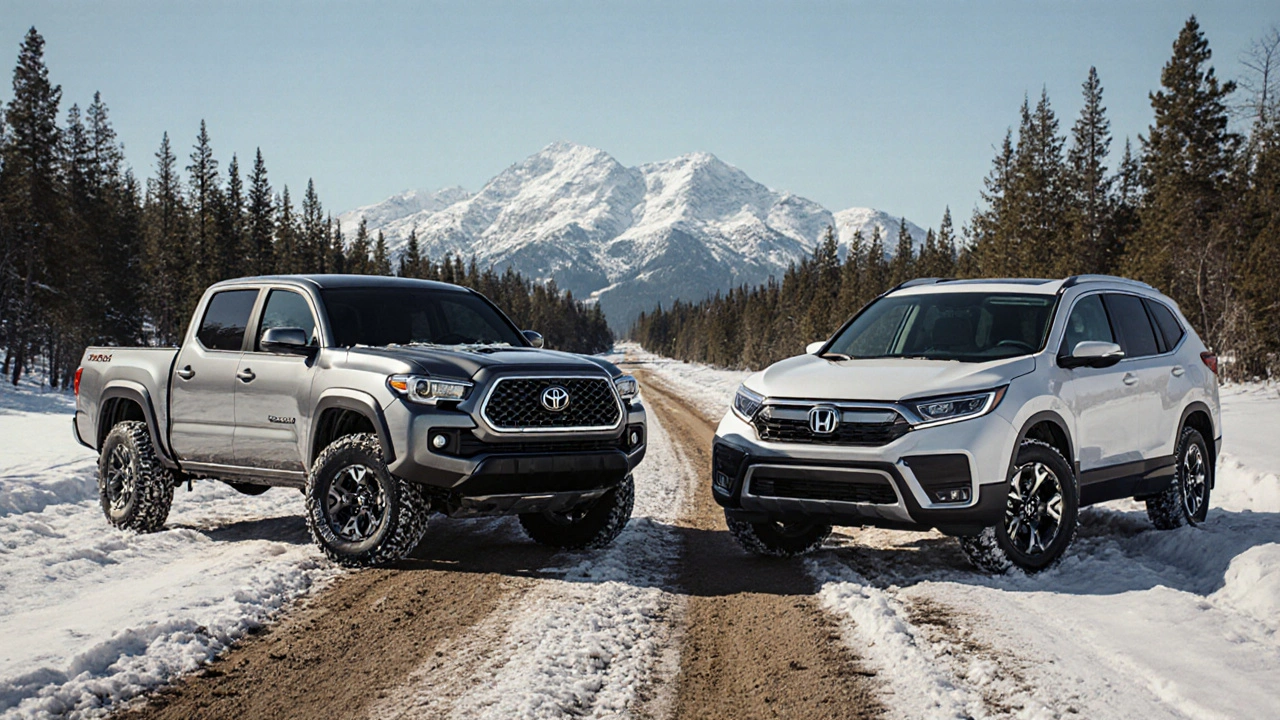 Toyota Tacoma and Honda CR-V on a dirt road with mountains in the background.