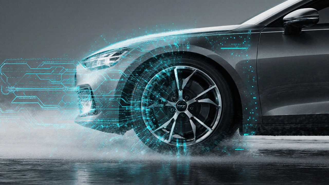 Transparent diagram showing brake pressure and power reduction correcting wheel spin on a slick surface.