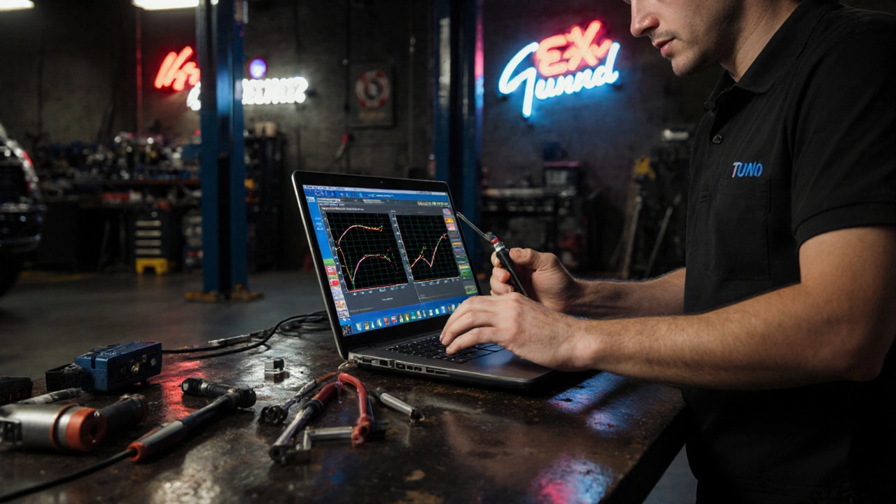 Tuner adjusting ECU software with wideband sensor, tools on workbench, garage lighting.
