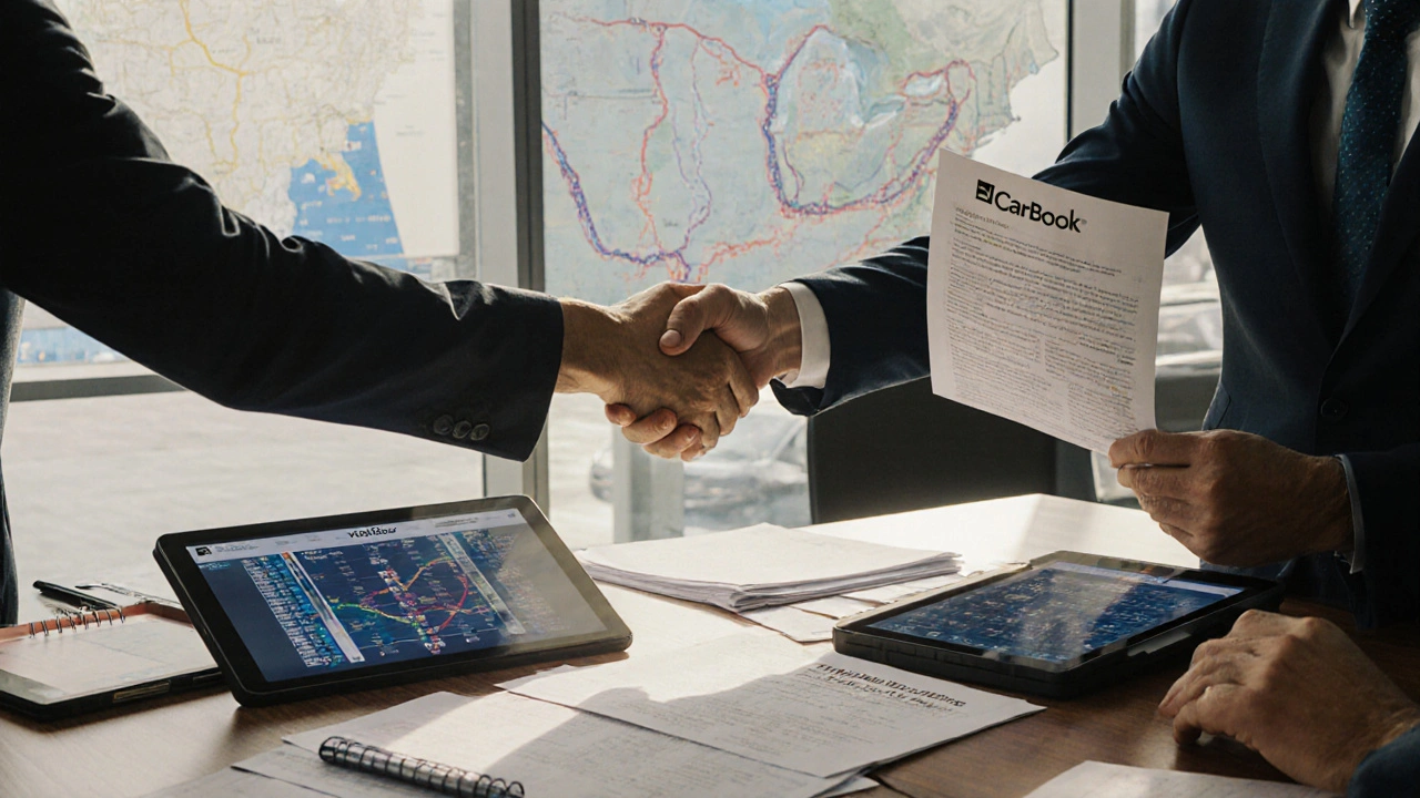 Two dealers shaking hands in an office with pricing tablets and Carfax reports on the table.