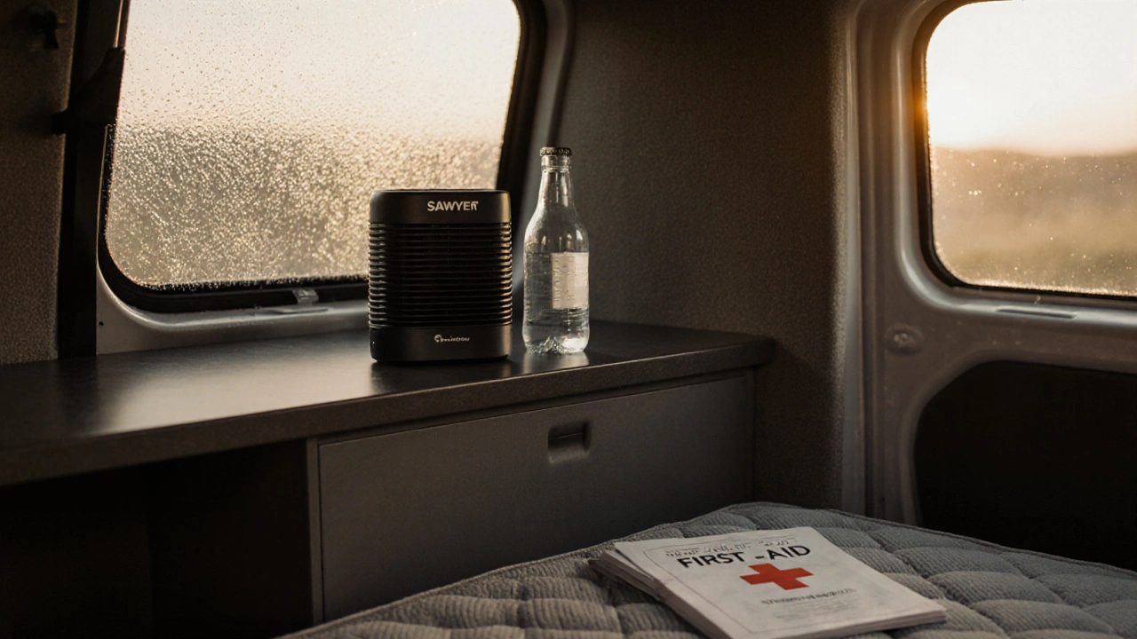 Van interior at dawn showing dehumidifier, water filter, and health-focused essentials.