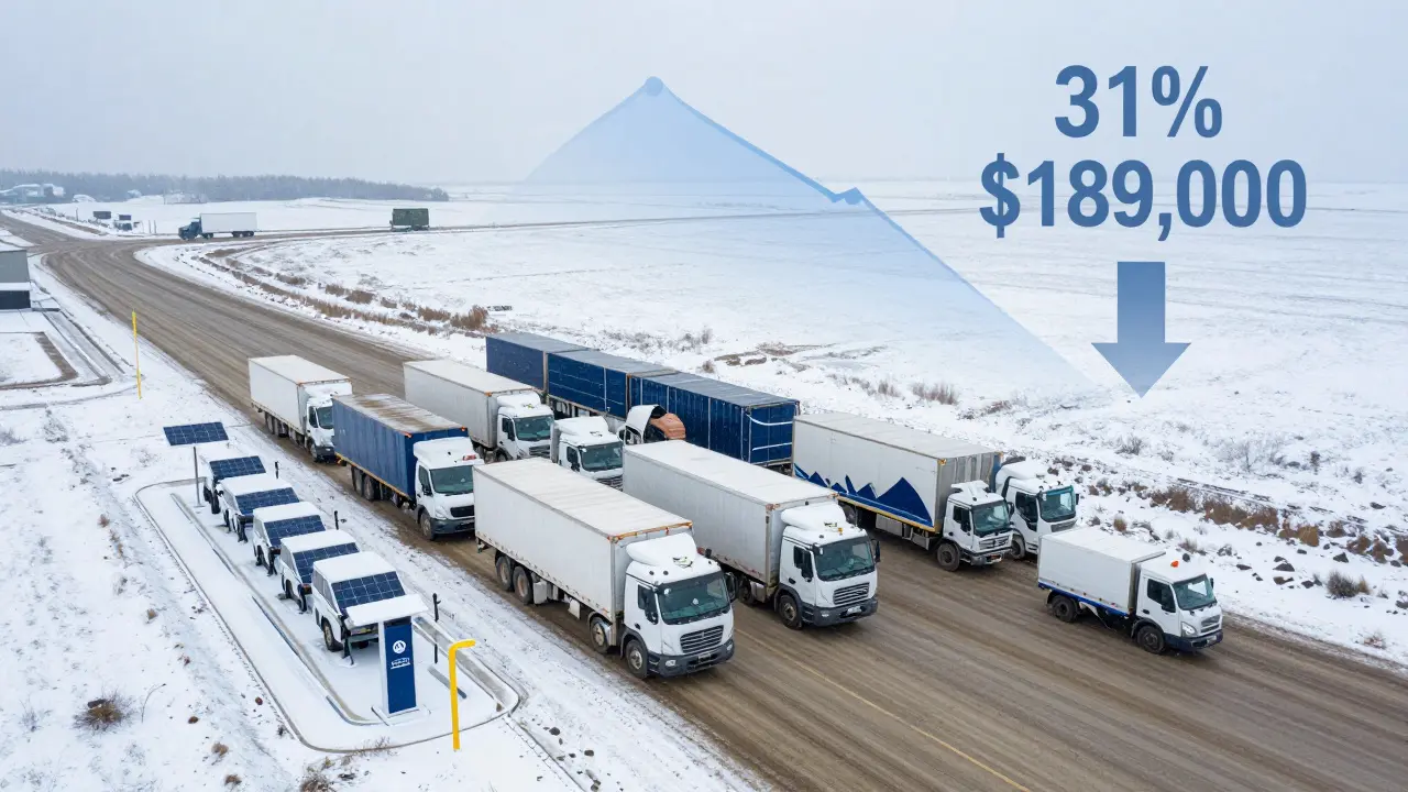 26 construction trucks on site with five electric vans charging and two rented trucks arriving during snowfall.
