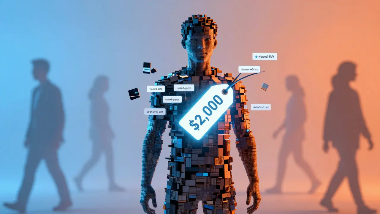 A digital figure being rebuilt by retargeting actions, with a discount tag snapping into place.