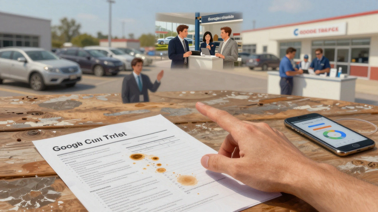 A hand on a table with sales data and smartphone, surrounded by floating images representing market influences.
