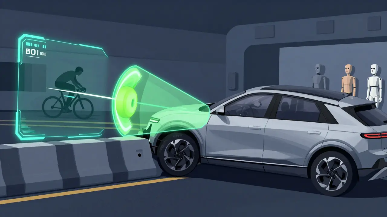 A Hyundai Ioniq 6 being hit from the side in a crash test, with sensors detecting a cyclist.