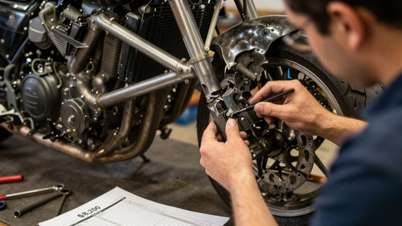 A mechanic examining severe damage to a custom motorcycle&#039;s frame in a well-lit repair shop.