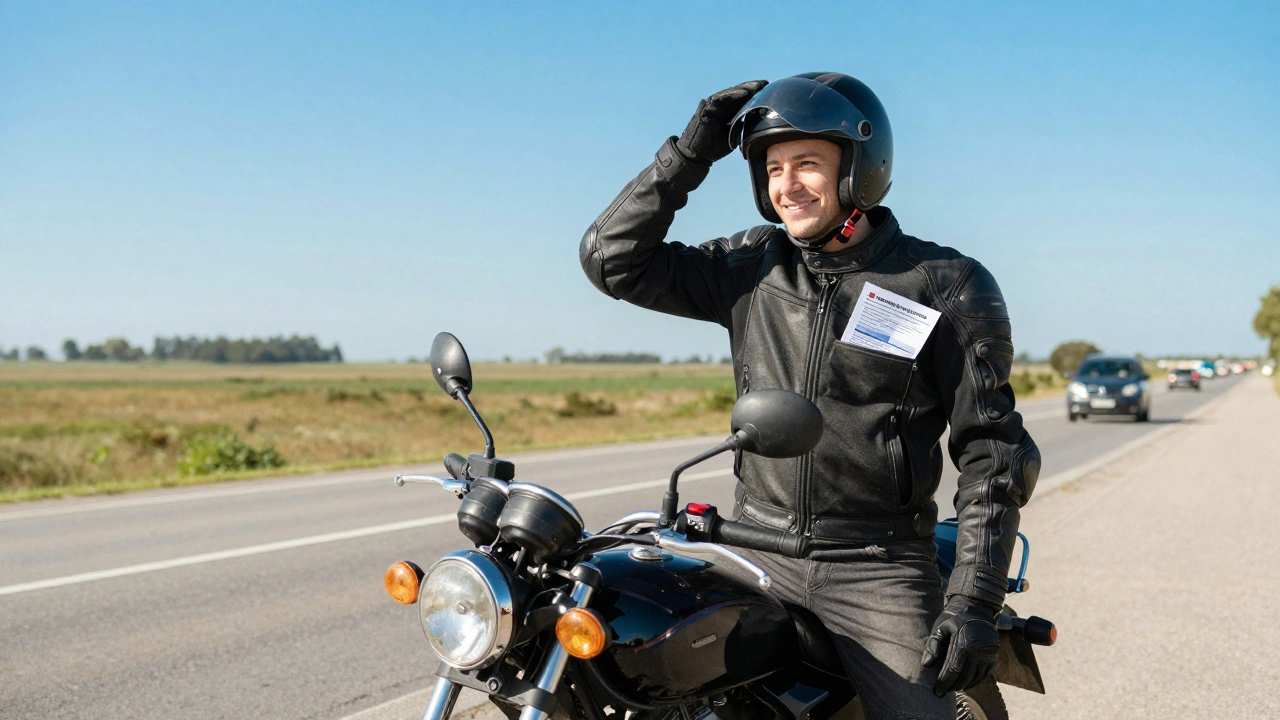A rider smiling beside their repaired motorcycle, preparing to ride again on a sunny day.