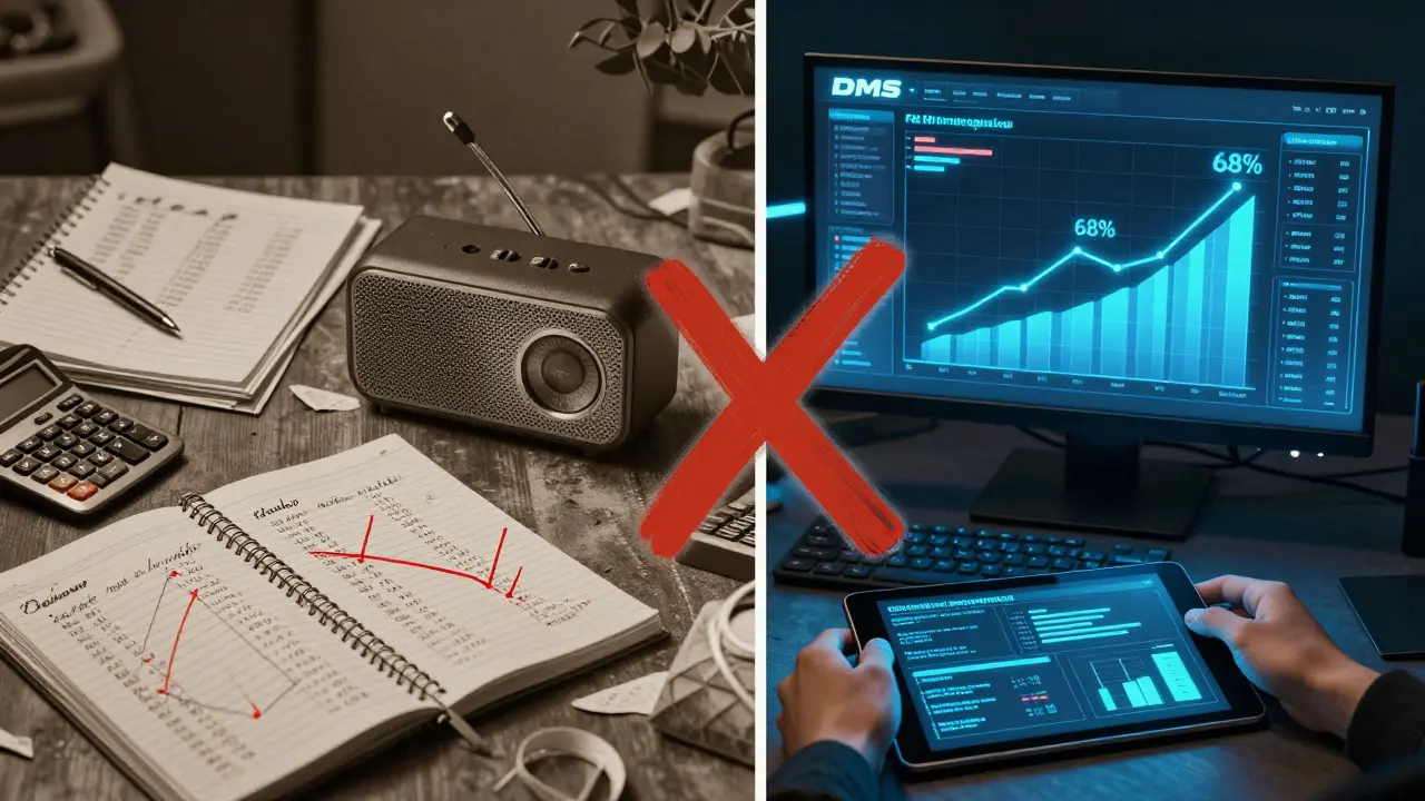 A split image contrasting chaotic paper records with a clean digital dashboard showing improved dealership profits.