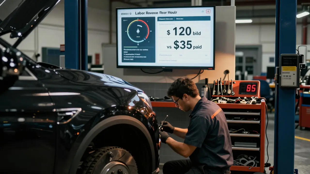 A technician performing a brake repair in a service bay, with a digital screen showing labor revenue metrics.