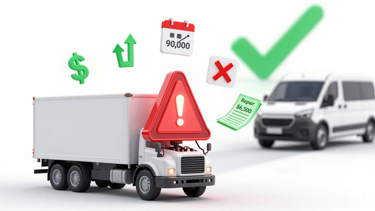 A truck with warning icons showing high repair costs and mileage, transitioning to a new electric vehicle.