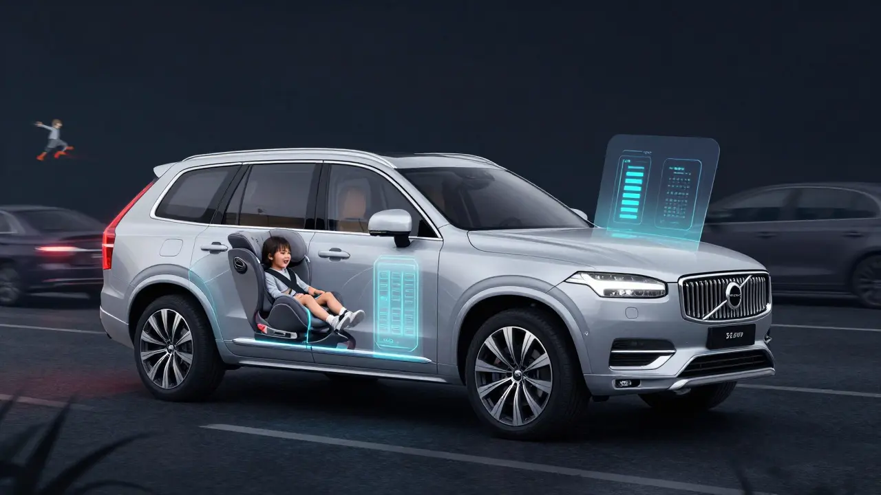 A Volvo XC90 showing invisible safety systems activating to protect a child seat and pedestrian.