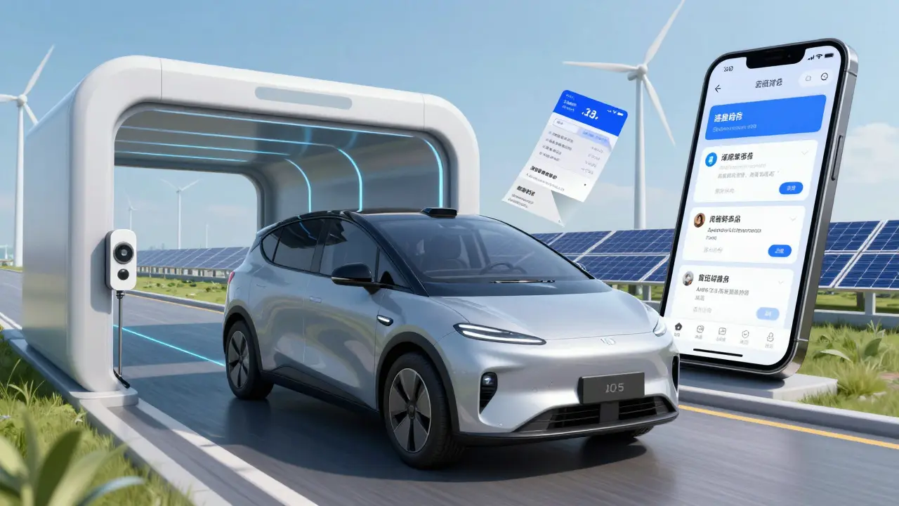 Autonomous electric vehicle being scanned by sensors for brake, tire, and ADAS system compliance in 2025.