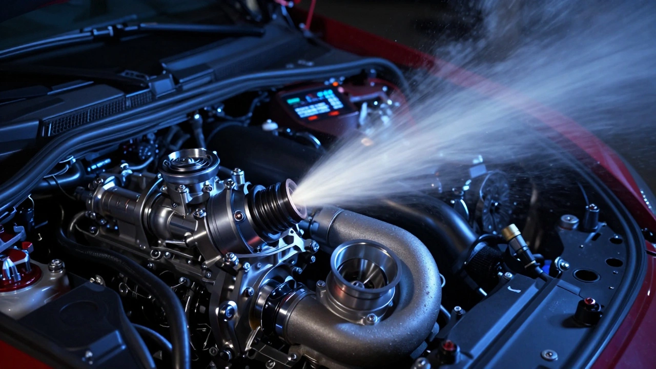 Blow-off valve venting pressurized air at night with glowing ECU in background.