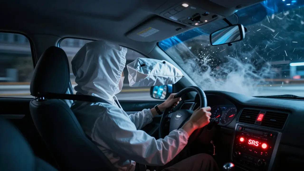 Car crash simulation with one airbag not deploying and seatbelt inactive.