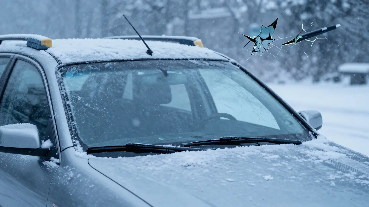 Car in snowstorm with wipers lifted to prevent ice damage