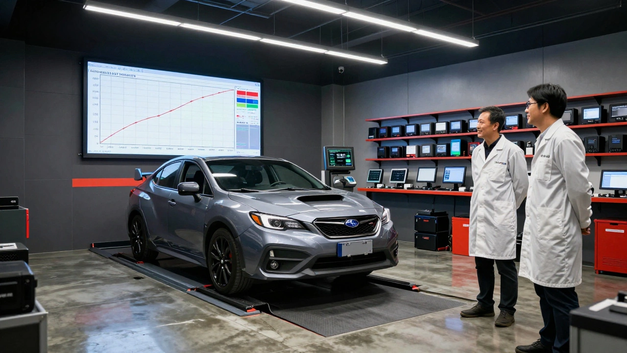 Car on a dyno with monitors showing rising horsepower graph in a professional tuning shop.