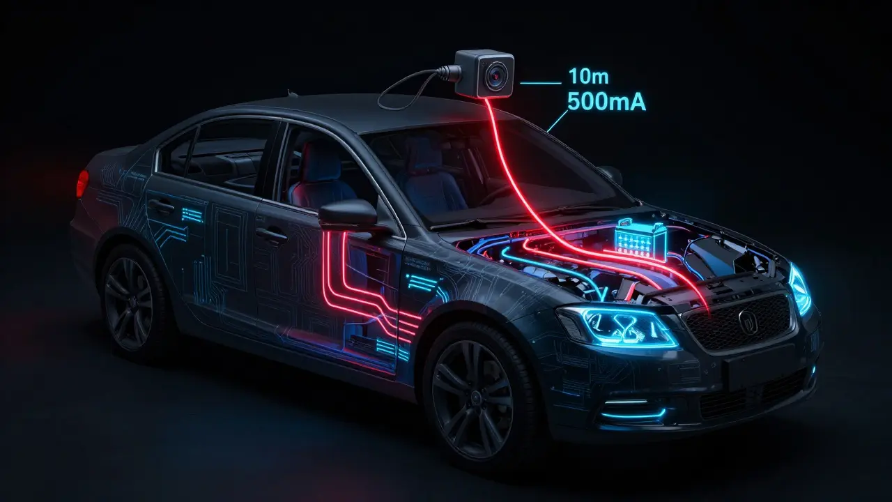 Car with glowing electrical lines showing abnormal power drain from aftermarket device.