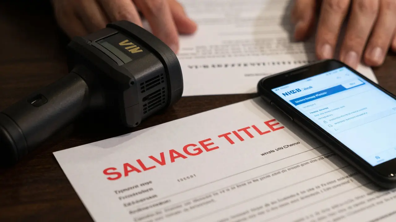 Close-up of a salvage title stamp beside a VIN scanner and smartphone.