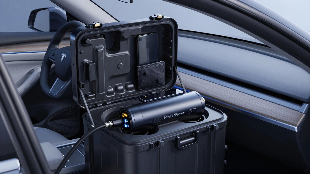 Compact tire inflator stored in a car glovebox with digital display glowing softly.