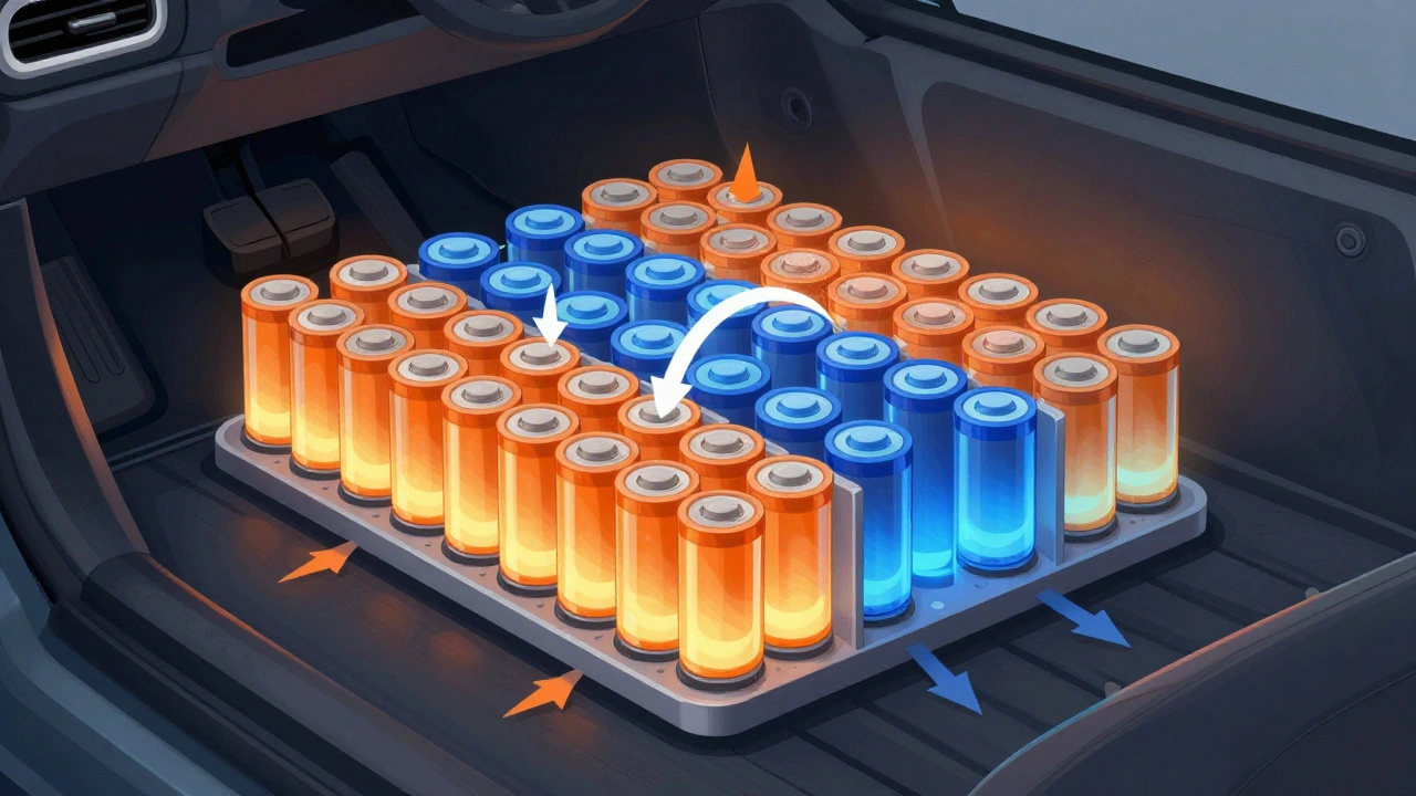 Cross-section of EV battery pack with lithium-ion cells and ion flow arrows