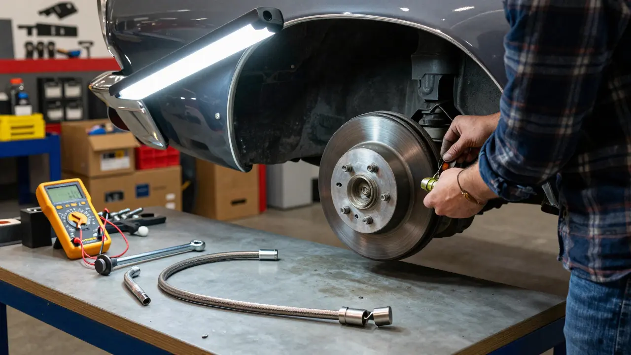 DIY mechanic installing front disc brakes on a classic Plymouth in a garage