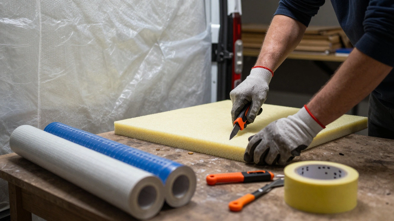 DIY van insulation project with foam board, Reflectix, and vapor barrier being installed, tools and materials on workbench.