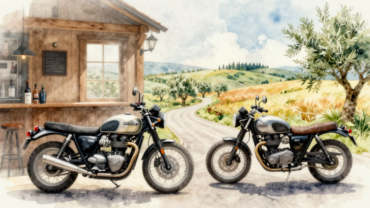 Double exposure of a British pub and Italian countryside, blending Triumph Bonneville and Moto Guzzi V7 as symbols of two riding styles.