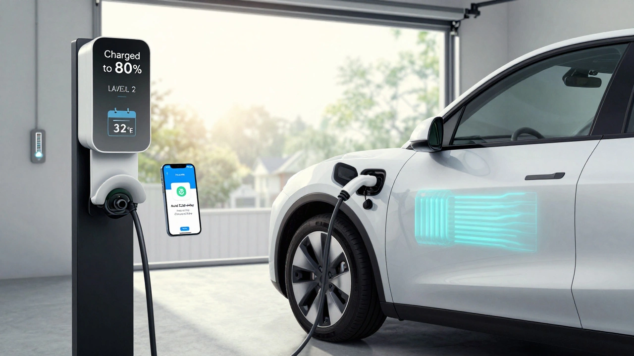 Driver charging EV to 80% at home with temperature and app indicators