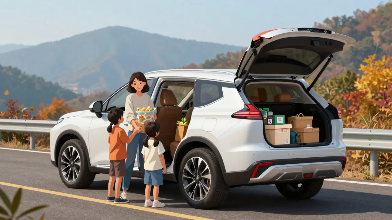 Family loading cargo into Mitsubishi Outlander PHEV with third-row seats and autumn scenery.