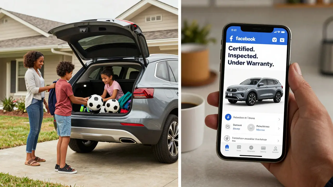 Family loading soccer gear into a new SUV, with a Facebook ad showing the same vehicle on a phone screen.