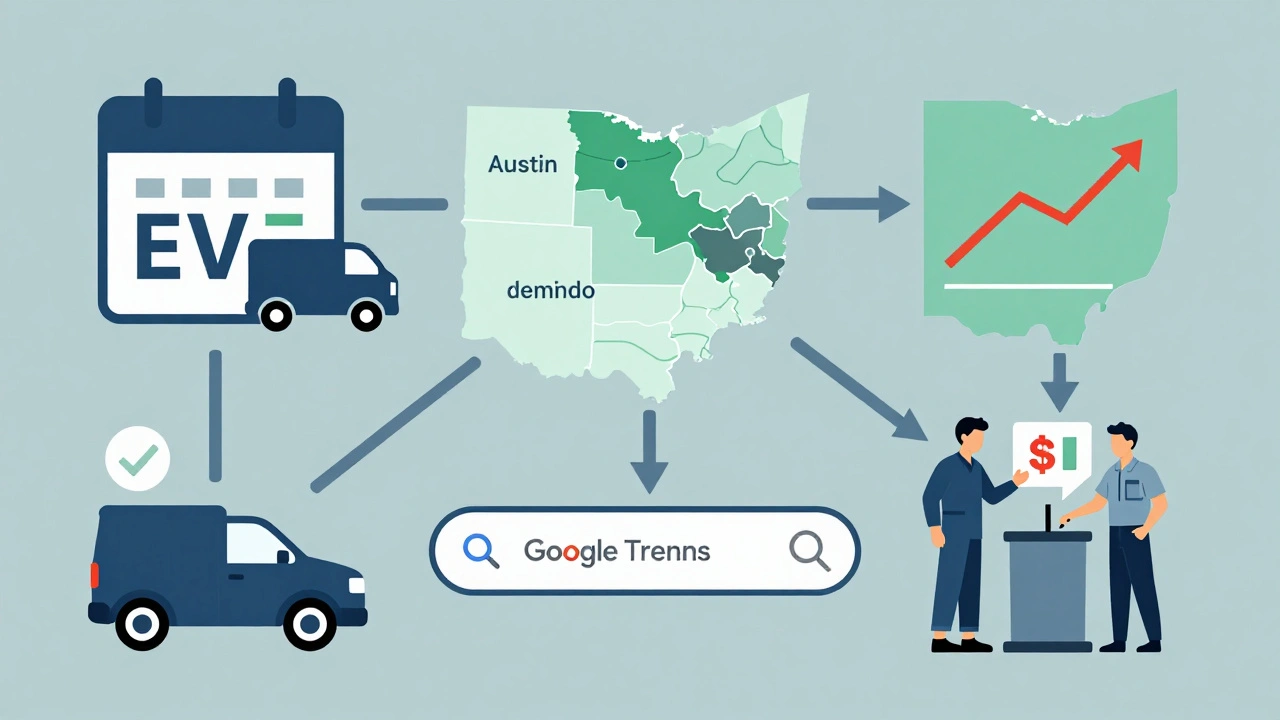 Five visual icons showing seasonal trends, economic shifts, competitor pricing, online searches, and trade-in conditions.