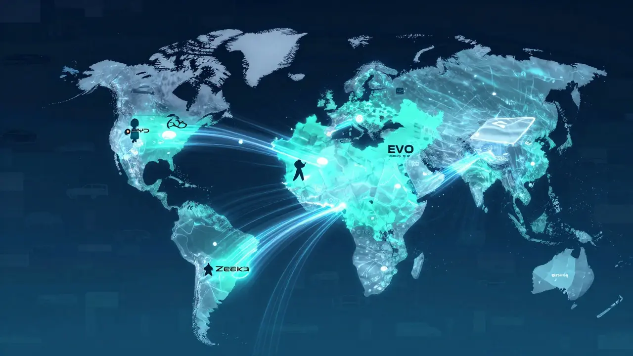 Globe with glowing data streams connecting China to global markets, representing EVs, batteries, and software networks.