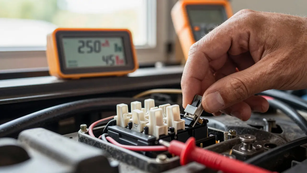 Hand removing a fuse from car fuse box while multimeter shows reduced current draw.