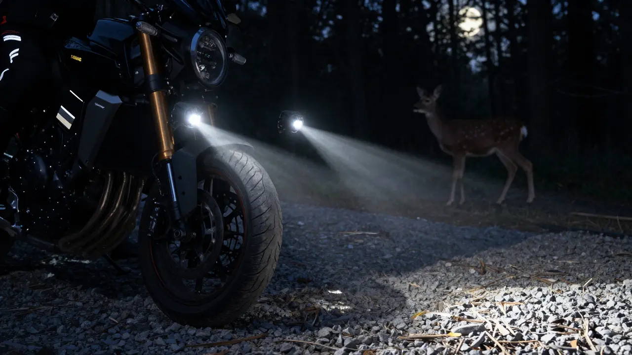 LED auxiliary lights on a motorcycle highlighting gravel and a deer on the roadside at night.