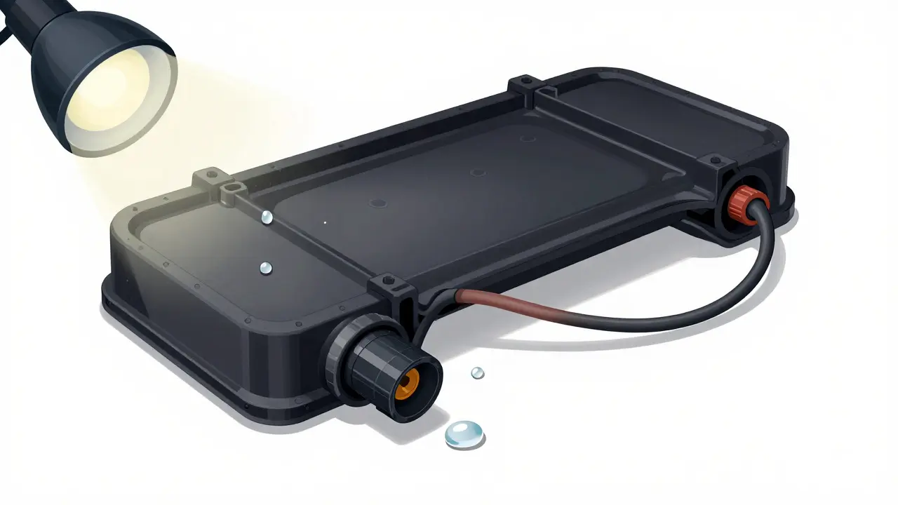 Loose electrical connector under car seat with water droplets nearby.