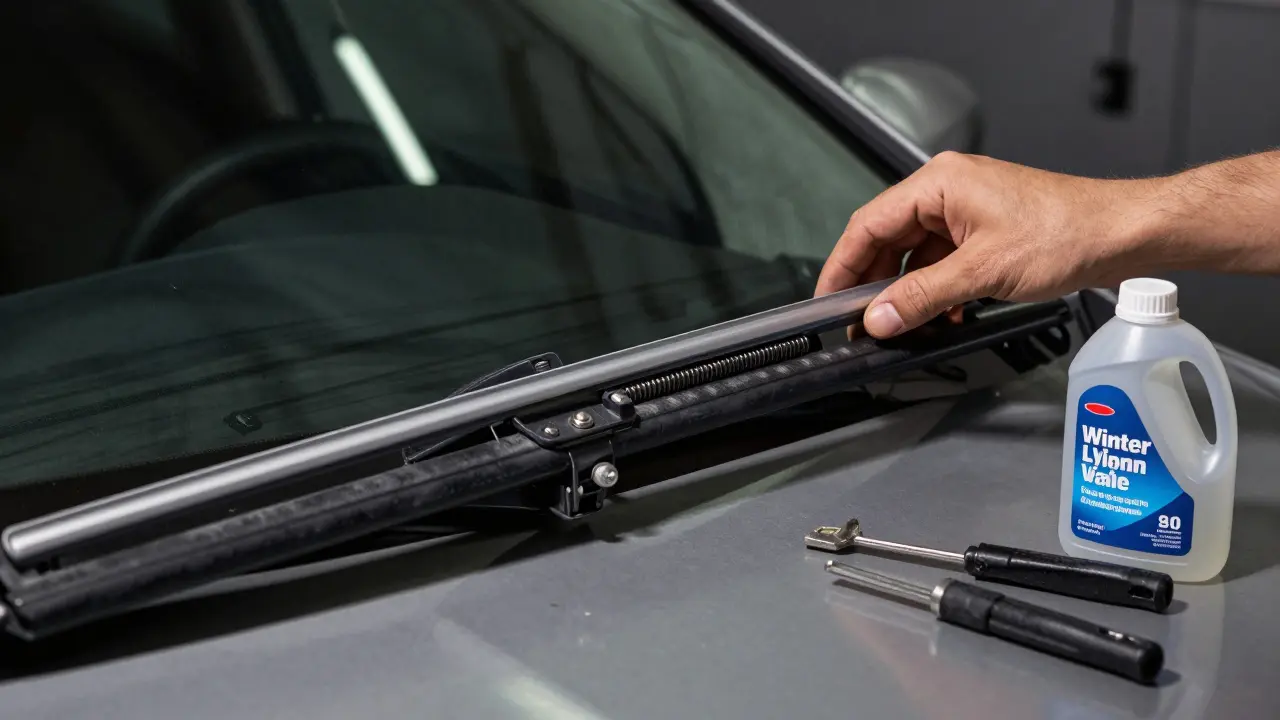 Mechanic installing a new frameless wiper blade in a garage
