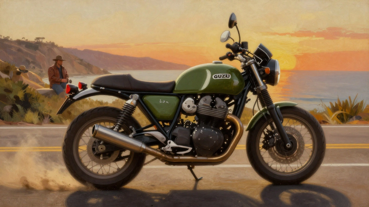 Moto Guzzi V7 riding along a coastal road at sunset, exposed V-twin engine and sweeping exhaust visible, vintage riders in the distance.