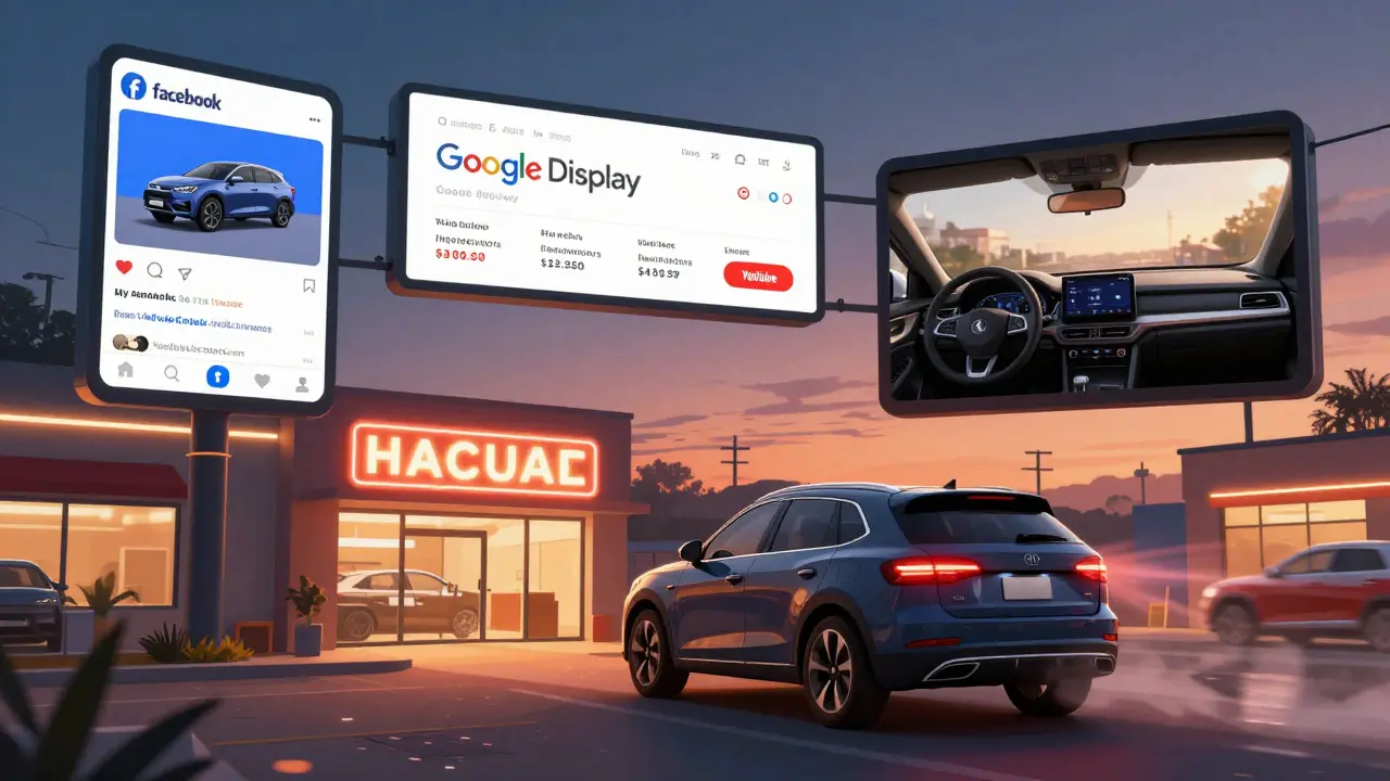 Multiple digital ads across screens leading toward a car dealership at dusk with glowing signage.