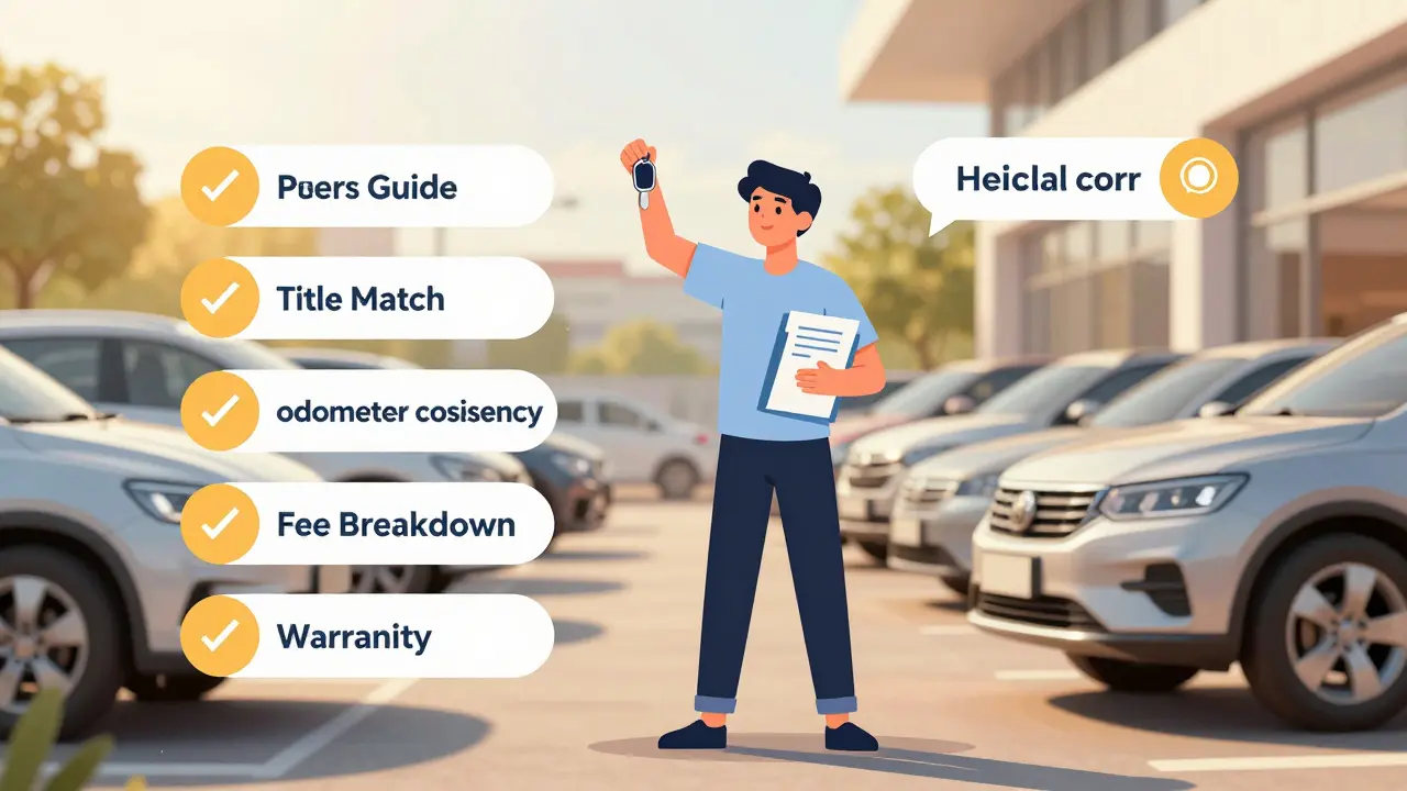 Person holding car keys and documents, surrounded by a checklist of buying rights.