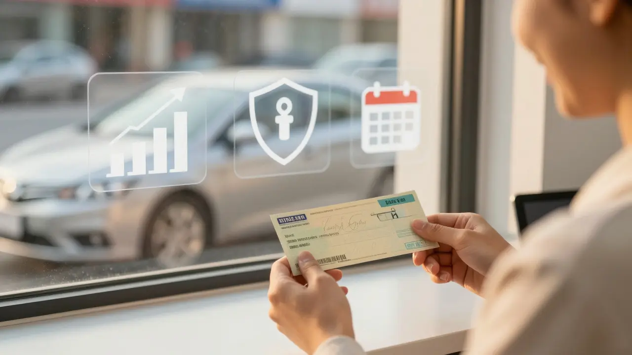 Person receiving a refund check with leased car visible in background.