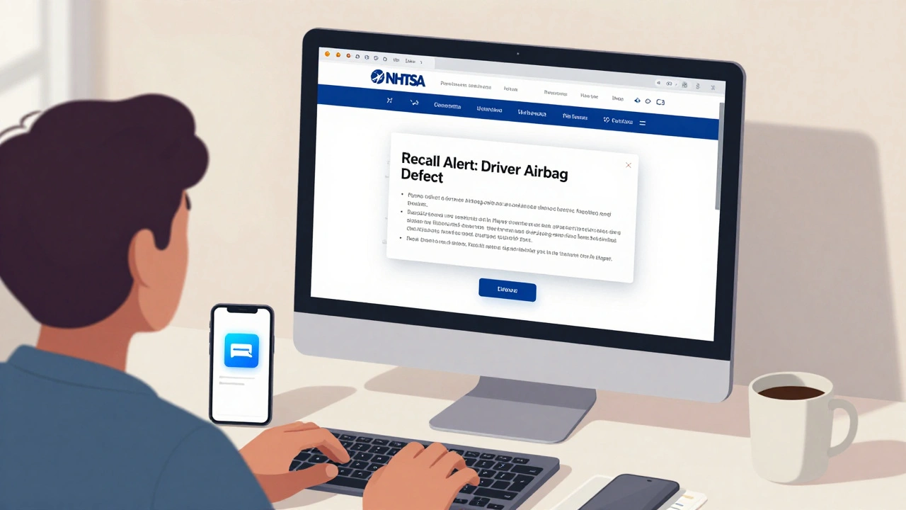 Person viewing a recall alert notification on a computer screen with phone beside it.