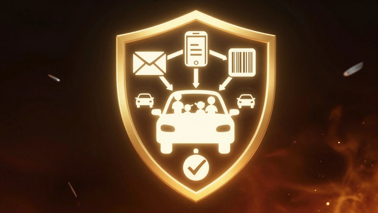 Protective shield made of digital icons safeguarding a family in a car.