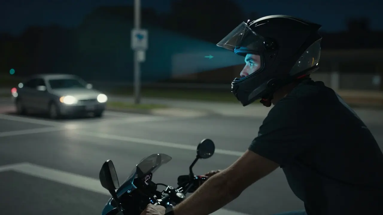 Rider at an intersection using a helmet display, scanning for traffic under low-light conditions.