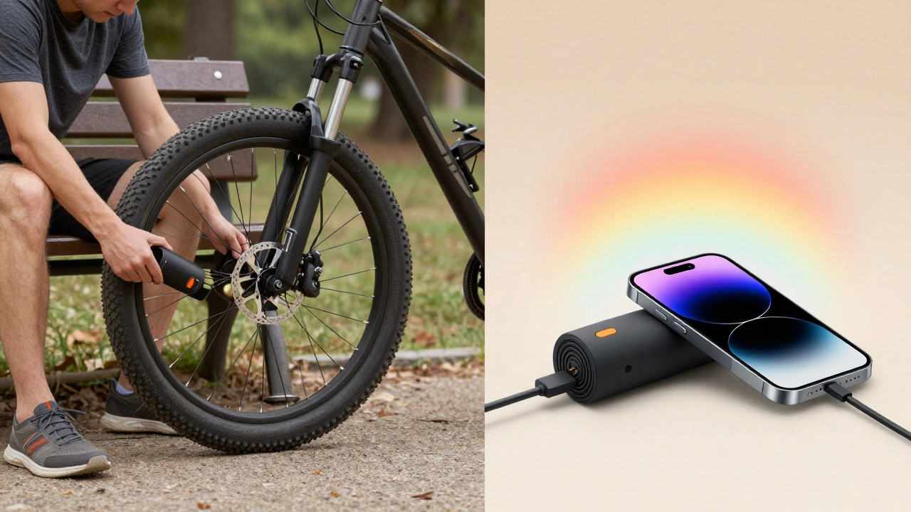 Small tire inflator filling a bike tire and charging a phone simultaneously.