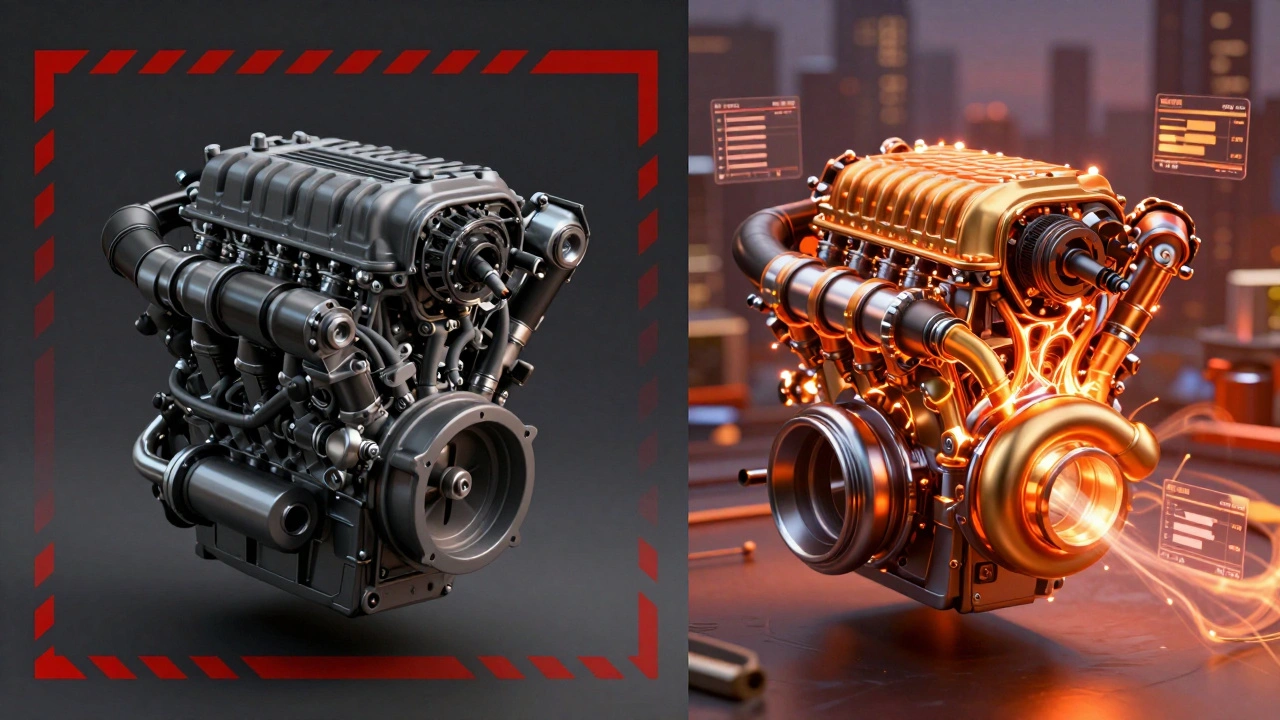 Split image comparing stock engine constraints versus optimized performance with glowing energy flows.