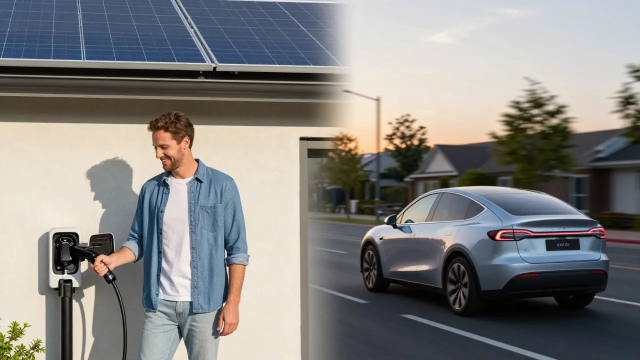Split image: plug-in hybrid charging at home with solar panels and driving silently through city at dawn.