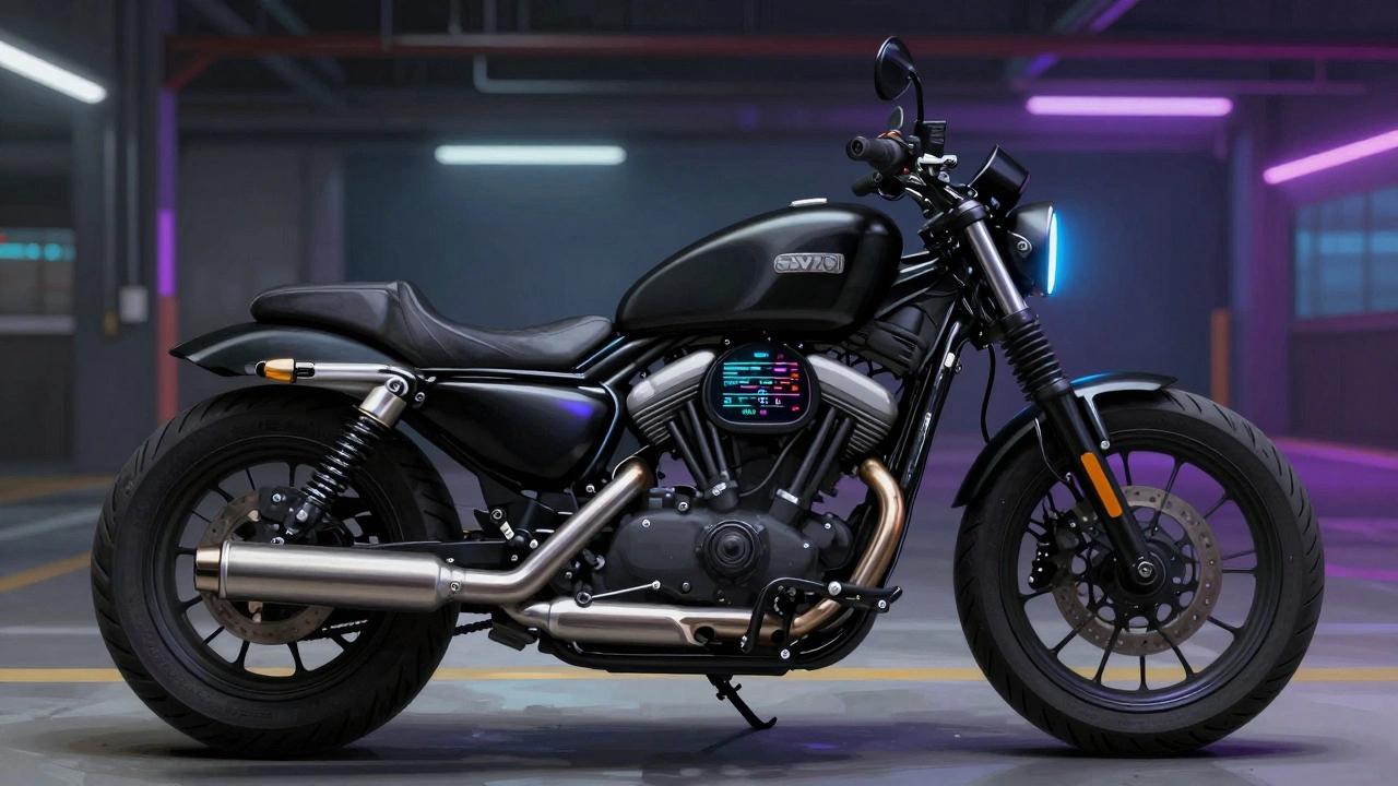 Sportster S2 cruiser in a neon-lit garage, showcasing its solo seat and digital display.