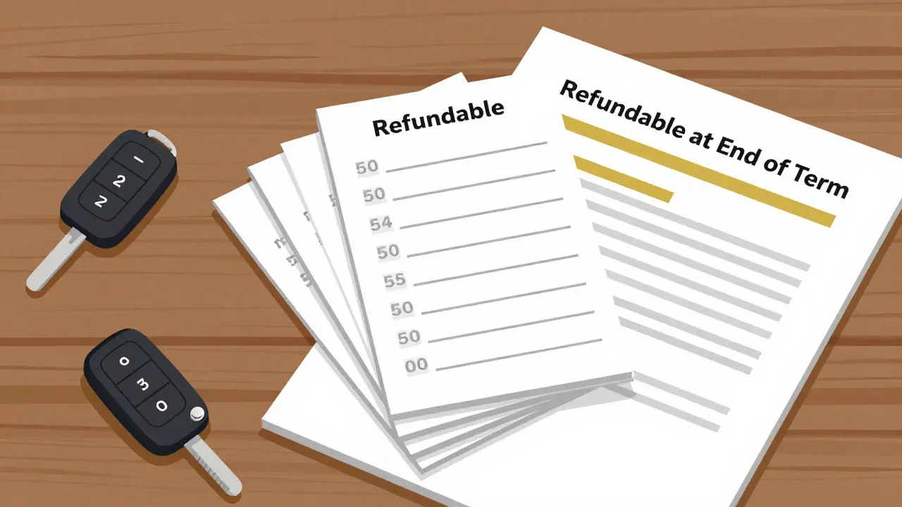 Stack of refundable security deposit slips beside a car key and lease contract.