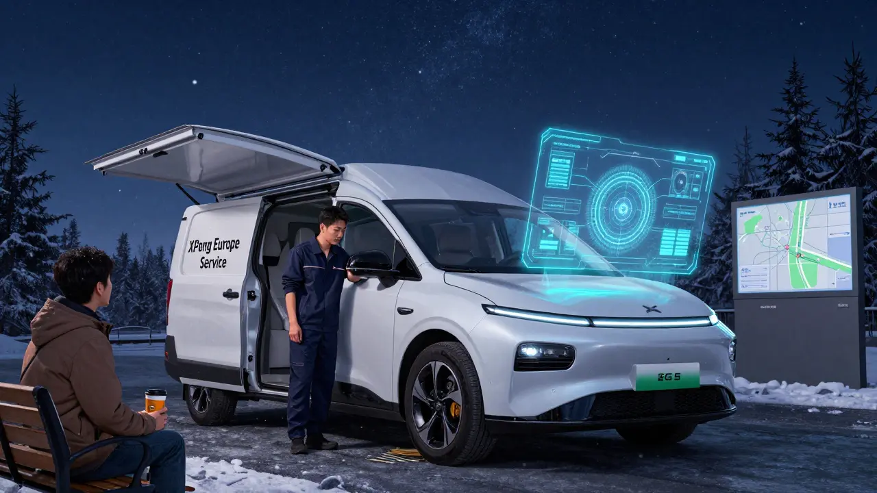 Technician repairing a XPeng G9 in a mobile service van under a starry Nordic sky with holographic diagnostics.