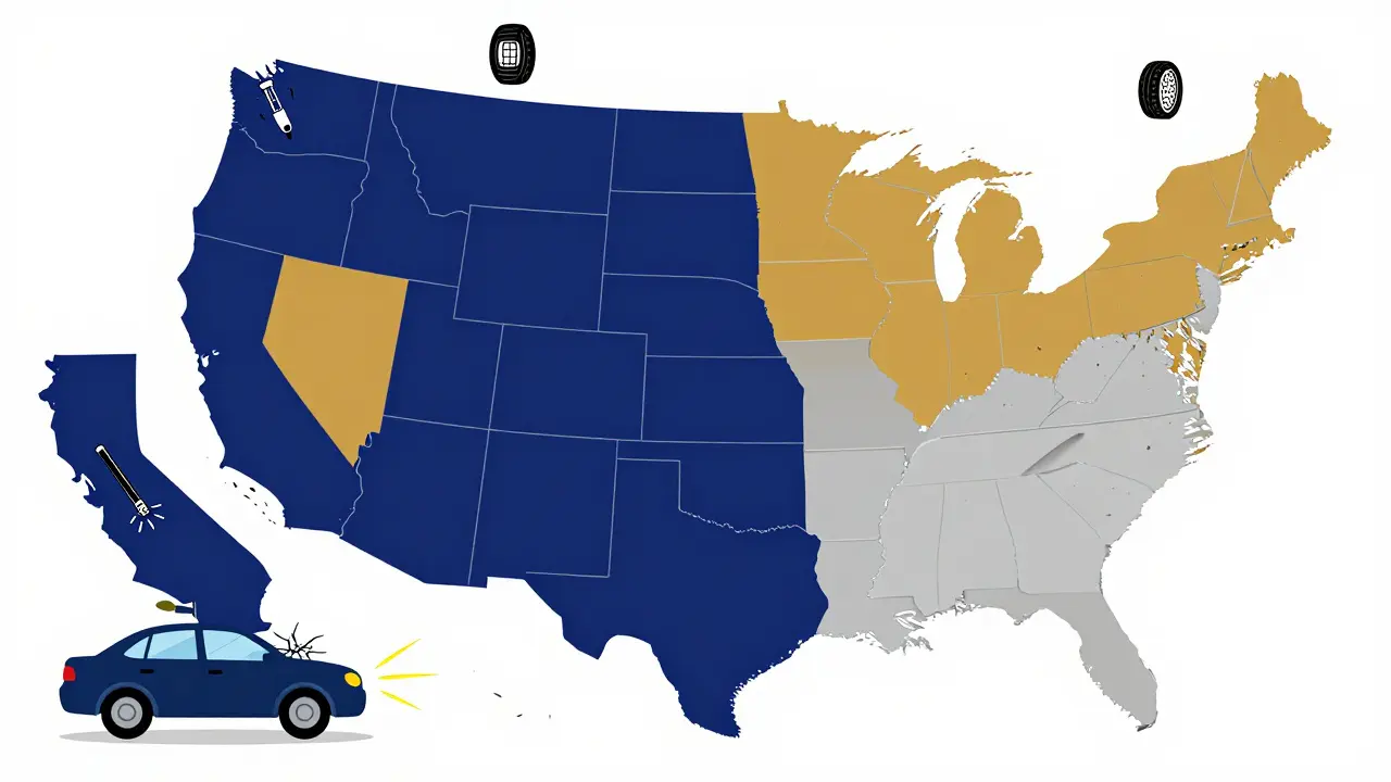 U.S. map showing states with different vehicle inspection requirements, with icons for emissions and safety tests.